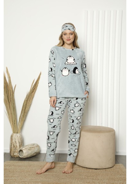 Kadın Mint Desenli Kışlık Polar Pijama Takımı 13E-20049-1