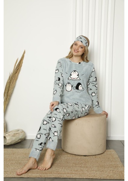 Kadın Mint Desenli Kışlık Polar Pijama Takımı 13E-20049-1