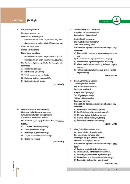 AYT Edebiyat Konularına ve Zorluk Derecesine Göre Çıkmış Sorular