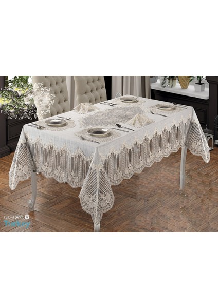 Zeliha 12 Peçeteli Linen Kumaş Fransız Güpürlü 13 Parça Lüks Yemek Takımı