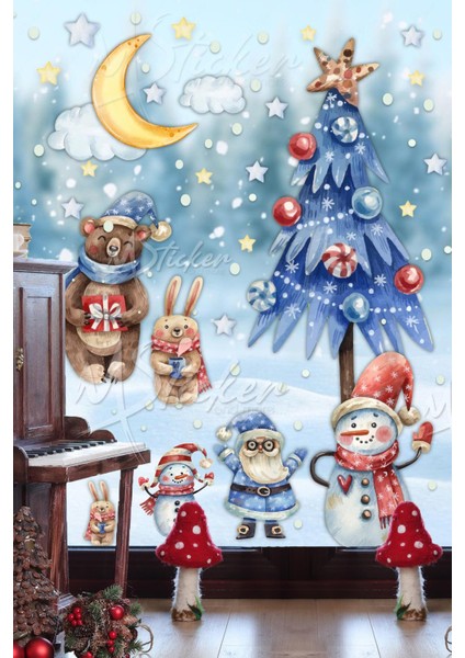 Yeni Yıl Ağacı Kardan Adamlar Puantiye ve Yıldızlar Cam Duvar Yılbaşı Süsü Sticker Seti