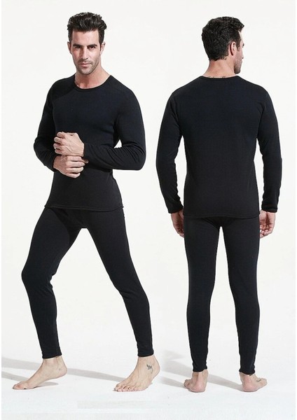 Erkek Siyah Termal Alt-Üst Takım Şardonlu Içlik Rahatsız Etmeyen Geniş Yaka