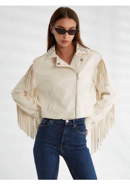 99069 Droplu Deri Ceket Ekru