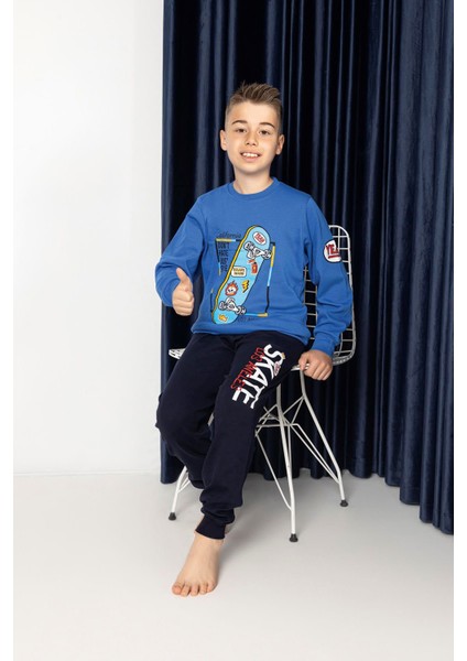 Uzun Kollu Pamuk ,kaykay Temalı Erkek Çocuk Pijama Takımı