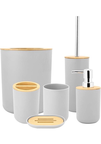 Banyo Için Bambu ve Ahşap Banyo Aksesuarları Seti, Tuvalet Fırçası, Sabunluk, Diş Fırçalığı, Sabun Tumbler, Çöp Kovası 6 Adet (Yurt Dışından)