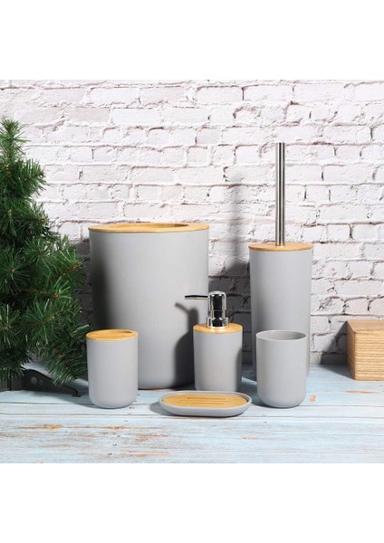 Banyo Için Bambu ve Ahşap Banyo Aksesuarları Seti, Tuvalet Fırçası, Sabunluk, Diş Fırçalığı, Sabun Tumbler, Çöp Kovası 6 Adet (Yurt Dışından) modelleri