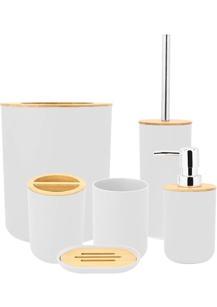 Banyo Için Bambu ve Ahşap Banyo Aksesuarları Seti, Tuvalet Fırçası, Sabunluk, Diş Fırçalığı, Sabun Tumbler, Çöp Kovası 6 Adet (Yurt Dışından)
