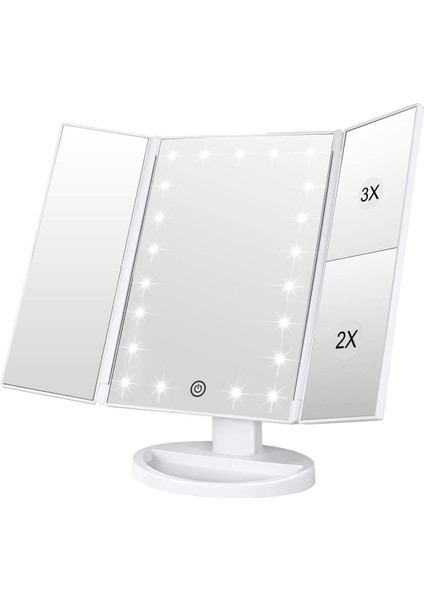 Makyaj Aynası, 1x/2x/3x Üç Katlı Makyaj Aynası, 21 LED Işıklı ve Dokunmatik Ekran Ayarlanabilir Ayna Kozmetik Tezgah Aynası (Beyaz) (Yurt Dışından)