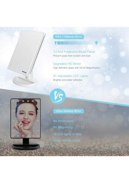 Makyaj Aynası, 1x/2x/3x Üç Katlı Makyaj Aynası, 21 LED Işıklı ve Dokunmatik Ekran Ayarlanabilir Ayna Kozmetik Tezgah Aynası (Beyaz) (Yurt Dışından) modelleri