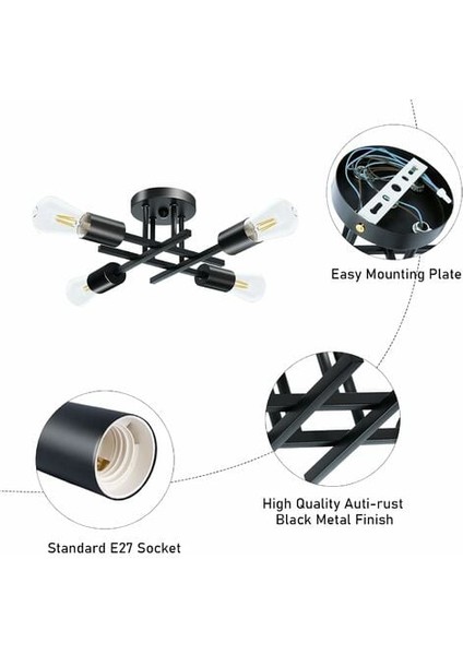 Vintage Endüstriyel Tavan Lambası 4 Işık Metal, Retro Tavan Lambası Sarkıt 4 Işık Oturma Odası Yatak Odası Mutfak Restoran Için Siyah Avizeler E27 (Ampul Yok) (Yurt Dışından) fırsatları