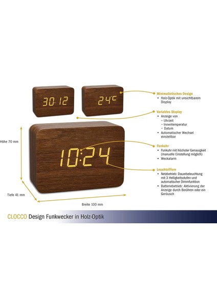 Clocco Ahşap Görünümlü Kablosuz Çalar Saat, 60.2549.08, Plastik, Kahverengi / Turuncu (Yurt Dışından) fırsatları