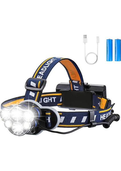 Süper Parlak Far, Şarj Edilebilir LED El Feneri, 6 Led'li LED Far 12000LM USB Kablosu ve 2 Pil ile 8 Aydınlatma Modu (Yurt Dışından)