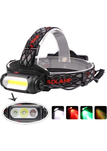 Şarj Edilebilir Far, Cob LED Farlar Balıkçılık Kamp Yürüyüş Gece Görüşü Için Kırmızı / Yeşil / Beyaz Işık ile Güçlü 1000 Lümen (3 Açık Renk) (Yurt Dışından)