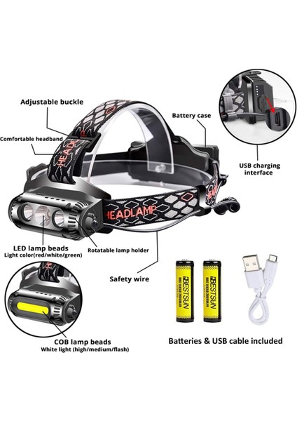 Şarj Edilebilir Far, Cob LED Farlar Balıkçılık Kamp Yürüyüş Gece Görüşü Için Kırmızı / Yeşil / Beyaz Işık ile Güçlü 1000 Lümen (3 Açık Renk) (Yurt Dışından) fiyatları