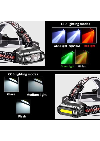 Şarj Edilebilir Far, Cob LED Farlar Balıkçılık Kamp Yürüyüş Gece Görüşü Için Kırmızı / Yeşil / Beyaz Işık ile Güçlü 1000 Lümen (3 Açık Renk) (Yurt Dışından) modelleri