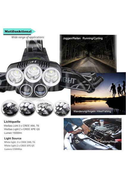 USB Su Geçirmez Far, 5 Led'li ve 6 Modlu - 15000 Lümen - Menzil 200-500 M - Kampçılık Koşu Binme Balık Tutma Yürüyüş Bakım Acil Durum Için (2 Şarj Edilebilir Pil Dahil) (Yurt Dışından) indirimleri