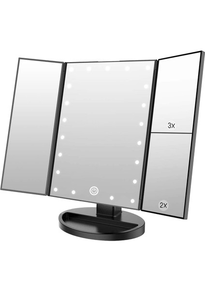 Makyaj Aynası, 21 LED Işıklı, Çift Güç Kaynağı 2x/3x LED Işıklı Büyüteçli Ayna (Siyah) (Yurt Dışından)