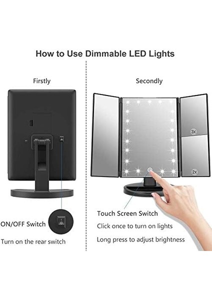 Makyaj Aynası, 21 LED Işıklı, Çift Güç Kaynağı 2x/3x LED Işıklı Büyüteçli Ayna (Siyah) (Yurt Dışından) fiyatları