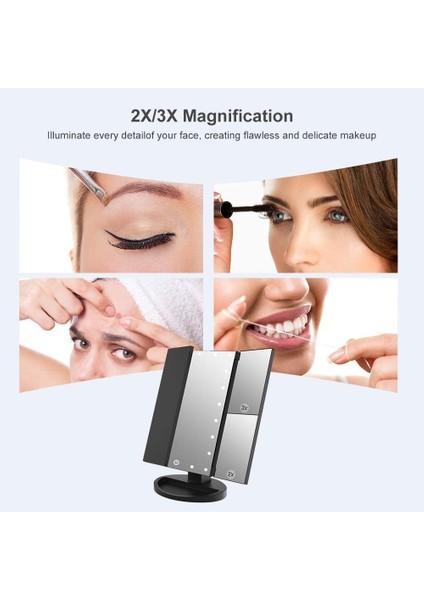 Makyaj Aynası, 21 LED Işıklı, Çift Güç Kaynağı 2x/3x LED Işıklı Büyüteçli Ayna (Siyah) (Yurt Dışından) modelleri
