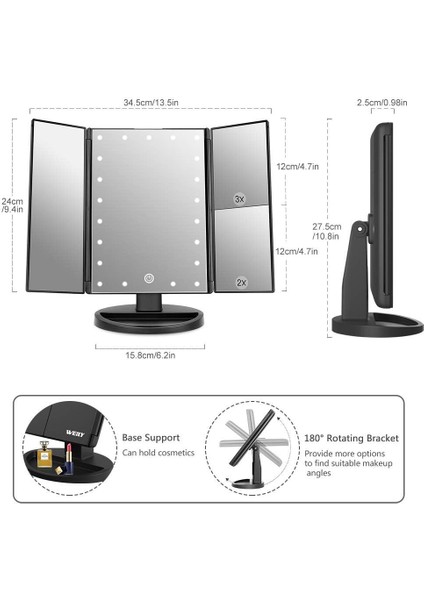 Makyaj Aynası, 21 LED Işıklı, Çift Güç Kaynağı 2x/3x LED Işıklı Büyüteçli Ayna (Siyah) (Yurt Dışından) indirimleri