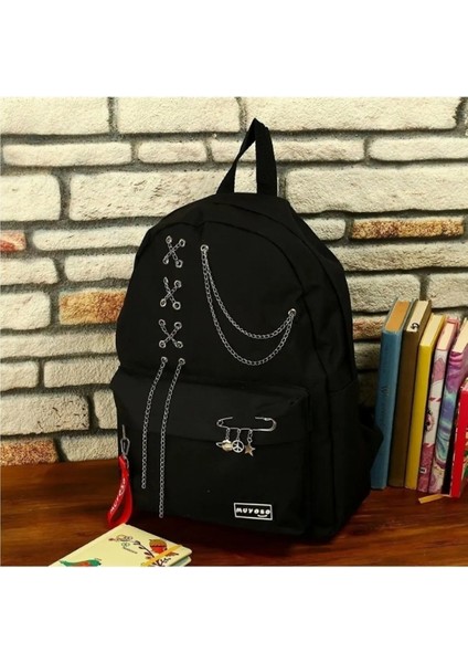 Unisex Zincirli Siyah Sırt Çantası
