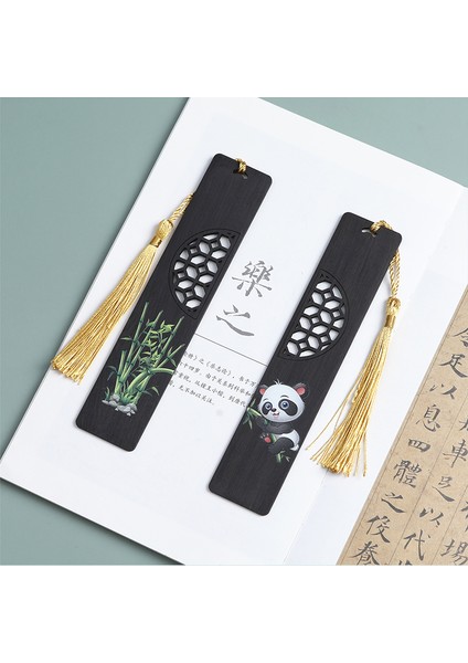 Panda 2 Kawaii Çin Panda Ahşap Imi Retro Renkli Sanders Çizim Bambu Baskı Kitap Ayracı Püskül Kolye Komik Hediye Kırtasiye (Yurt Dışından)