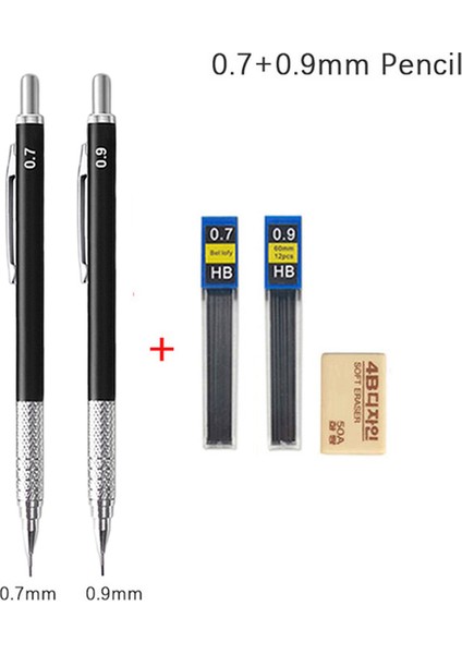 0.7mm 0.9mm Kalem Tam Siyah Metal Mekanik Kurşun Kalem Seti Hb Talepleri 0.3 0.5 0.7 0.9 1.3 2.0mm Silgi ile Geri Çekilebilir Eskiz Kalem Okul Malzemeleri (Yurt Dışından)