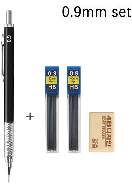 0.9mm Siyah Set Sıcak Satış Çizim Otomatik Kalemler 0.3 0.5 0.7 0.9 1.3 2.0mm Siyah Beyaz Gümüş Metal Mekanik Kurşun Kalem Silgi Seti (Yurt Dışından)