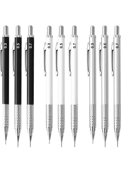 0.9mm Siyah Set Sıcak Satış Çizim Otomatik Kalemler 0.3 0.5 0.7 0.9 1.3 2.0mm Siyah Beyaz Gümüş Metal Mekanik Kurşun Kalem Silgi Seti (Yurt Dışından) modelleri