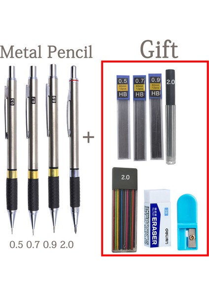 Set I Metal Otomatik Mekanik Metal Kalem 0.3 0.5 0.7 0.9 1.3 2.0 mm Siyah Kurşun 12 Renk Dolum Sanat Resim Öğrenci Yazma Kaymaz Kılıf (Yurt Dışından)