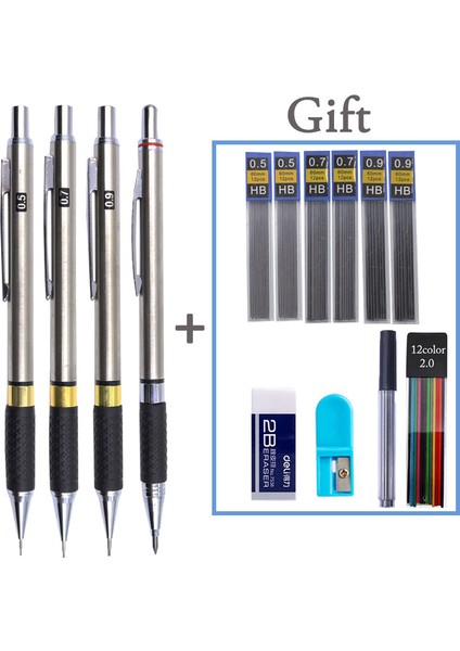 4 Kalem Seti B Mekanik Kurşun Kalem Seti Metal Çizim 0.5 0.7 0.9 2.0 mm Grafit Kurşun Tutucu 2b Hb Yazma, Eskiz Çizimi Yedeklerle (Yurt Dışından)