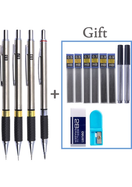 4 Kalem Seti B Mekanik Kurşun Kalem Seti Metal Çizim 0.5 0.7 0.9 2.0 mm Grafit Kurşun Tutucu 2b Hb Yazma, Eskiz Çizimi Yedeklerle (Yurt Dışından)