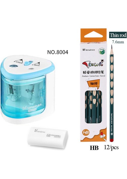8004BLUE-12HBTHIN-6B Tenwin 8004 Elektrikli Kalemtıraş Duruş Düzeltme Kalemleri Hb/2b Kırtasiye Iki Delikli Anahtar Otomatik Kalemtıraş (Yurt Dışından)
