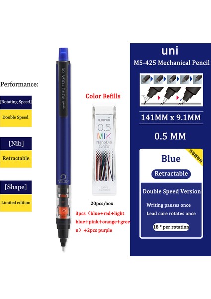 1BLUEPEN20LEAD Uni Mekanik Kurşun Kalem M5-452 Kuru Toga 0.5 mm Kırılmaz Kurşun Lapicero Lapices Portaminas Silgi ile Okul Öğrenci Kırtasiye (Yurt Dışından)