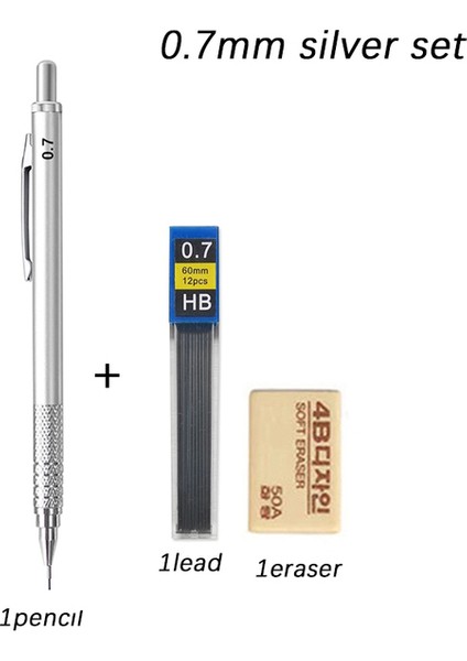 0.7mm Gümüş Set Kawaii Sanat Boyama Mekanik Kurşun Kalemler 0.3 0.5 0.7 0.9 1.3 2.0mm Çizim Kalem Seti Siyah Gümüş Metal Kalem Sevimli Okul Malzemeleri (Yurt Dışından)