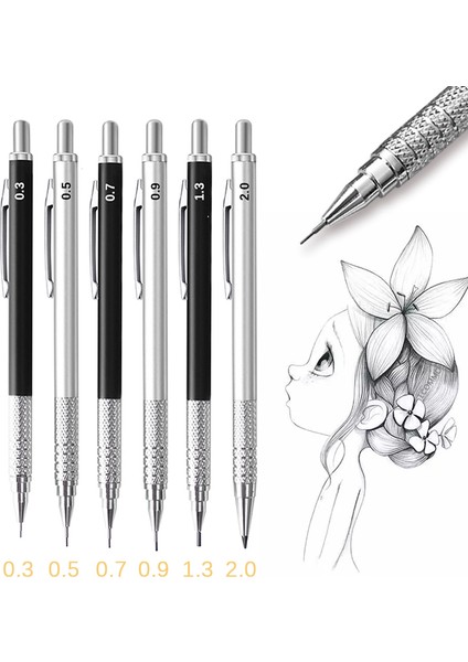 0.7mm Gümüş Set Kawaii Sanat Boyama Mekanik Kurşun Kalemler 0.3 0.5 0.7 0.9 1.3 2.0mm Çizim Kalem Seti Siyah Gümüş Metal Kalem Sevimli Okul Malzemeleri (Yurt Dışından) fiyatları