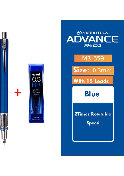 1 Mavi 1 Kurşun 0.3mm Uni Döner Mekanik Kurşun Kalem Kurutoga Japonya Kırtasiye Boru Slayt Modeli 0.3/0.5/0.7mm Lapices Anti-Kırık Çekirdek Okul Malzemeleri (Yurt Dışından)