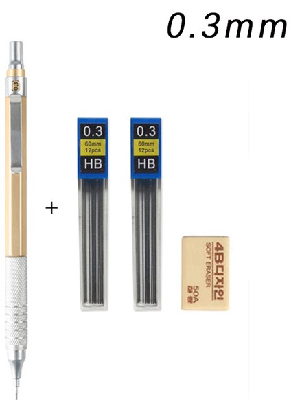 0.3mm Set-Altın Mg Tam Metal Mekanik Kalem Seti 0.3,0.5,0.7,2.0mm Yedekler ile Siyah Gümüş Altın Sanat Resim Çizim Kroki Kalemler Açar (Yurt Dışından)