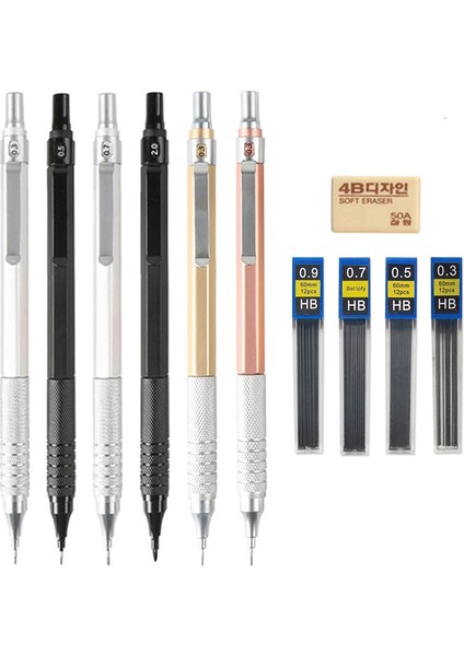 0.3mm Set-Altın Mg Tam Metal Mekanik Kalem Seti 0.3,0.5,0.7,2.0mm Yedekler ile Siyah Gümüş Altın Sanat Resim Çizim Kroki Kalemler Açar (Yurt Dışından) indirimleri