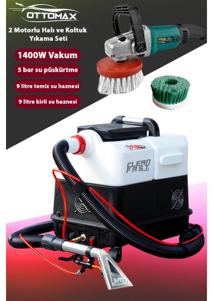 Çift Motorlu Halı ve Koltuk Yıkama Makinası Koltuk Fırçalama Seti 1400 Watt