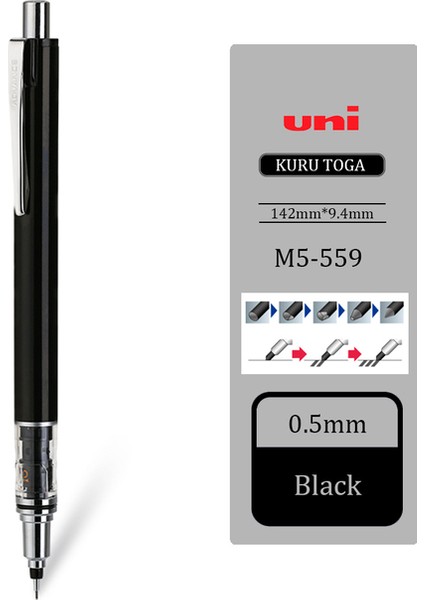 M5-559 Siyah 1 Adet Unı M5-559 /450 0.5mm Ilkokul Öğrencileri Sürekli Yazma Kuru Toga Dönen Çift Hızlı Mekanik Kurşun Kalem 0.3mm (Yurt Dışından)