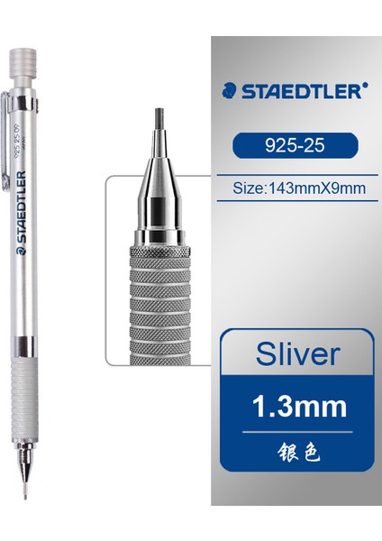Gümüş 1.3mm 1 Adet Staedtler 925 25/35 Mekanik Kurşun Kalem 0.3/0.5/0.7/0.9/2.0mm Kırtasiye Okul Ofis Malzemeleri Metal Mekanik Kalem Çubuk (Yurt Dışından)