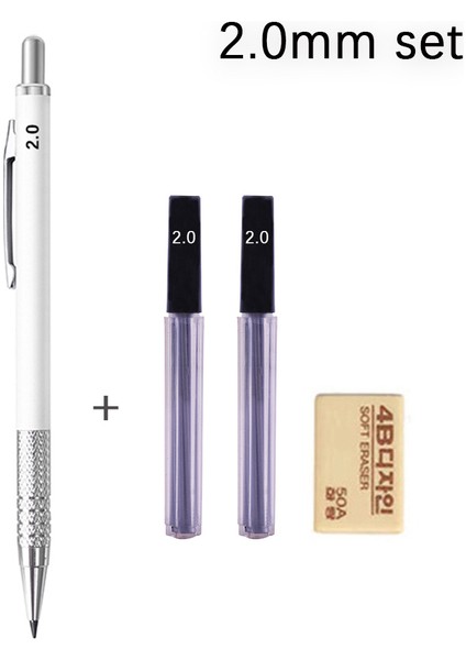 2.0mm Beyaz Set Sıcak Satış Çizim Otomatik Kalemler 0.3 0.5 0.7 0.9 1.3 2.0mm Siyah Beyaz Gümüş Metal Mekanik Kurşun Kalem Silgi Seti (Yurt Dışından)