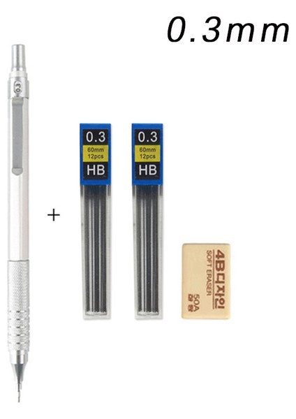 0.3mm Set-Gümüş Mg Tam Metal Mekanik Kalem Seti 0.3,0.5,0.7,2.0mm Yedekler ile Siyah Gümüş Altın Sanat Resim Çizim Kroki Kalemler Açar (Yurt Dışından)