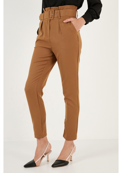 Yüksek Bel Cepli Kemerli Regular Fit Kumaş Pantolon Bayan Pantolon 611PL04