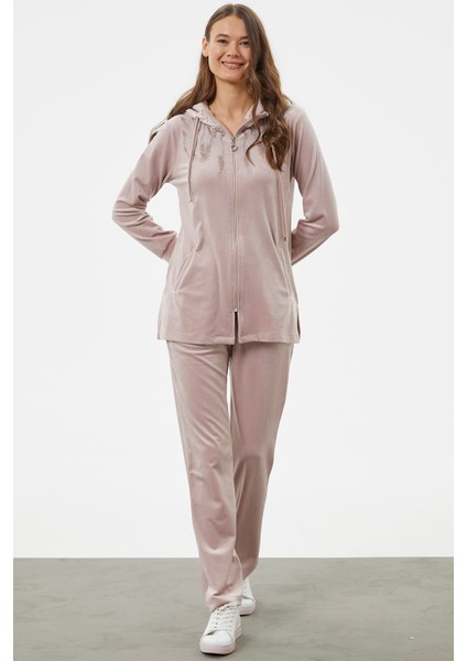 Tam Fermuarlı Kadife Taşlı Eşofman Takım - Açık Pembe