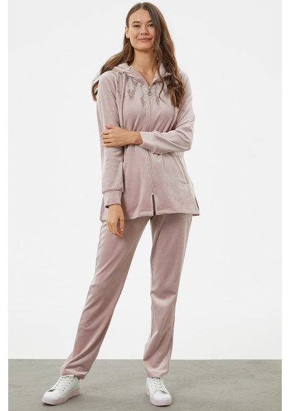 Tam Fermuarlı Kadife Taşlı Eşofman Takım - Açık Pembe fiyatları