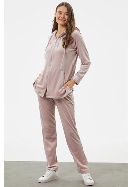 Tam Fermuarlı Kadife Taşlı Eşofman Takım - Açık Pembe modelleri