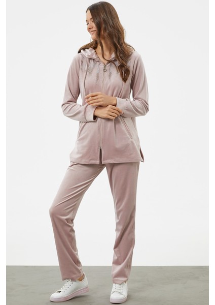 Tam Fermuarlı Kadife Taşlı Eşofman Takım - Açık Pembe fırsatları