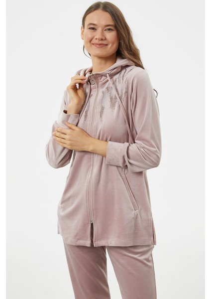 Tam Fermuarlı Kadife Taşlı Eşofman Takım - Açık Pembe indirimleri